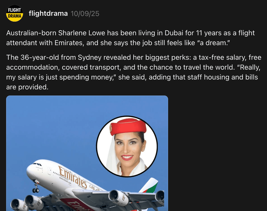 A flightdrama post quoting Sharlene Lowe on Emirates pay and staff accommodation