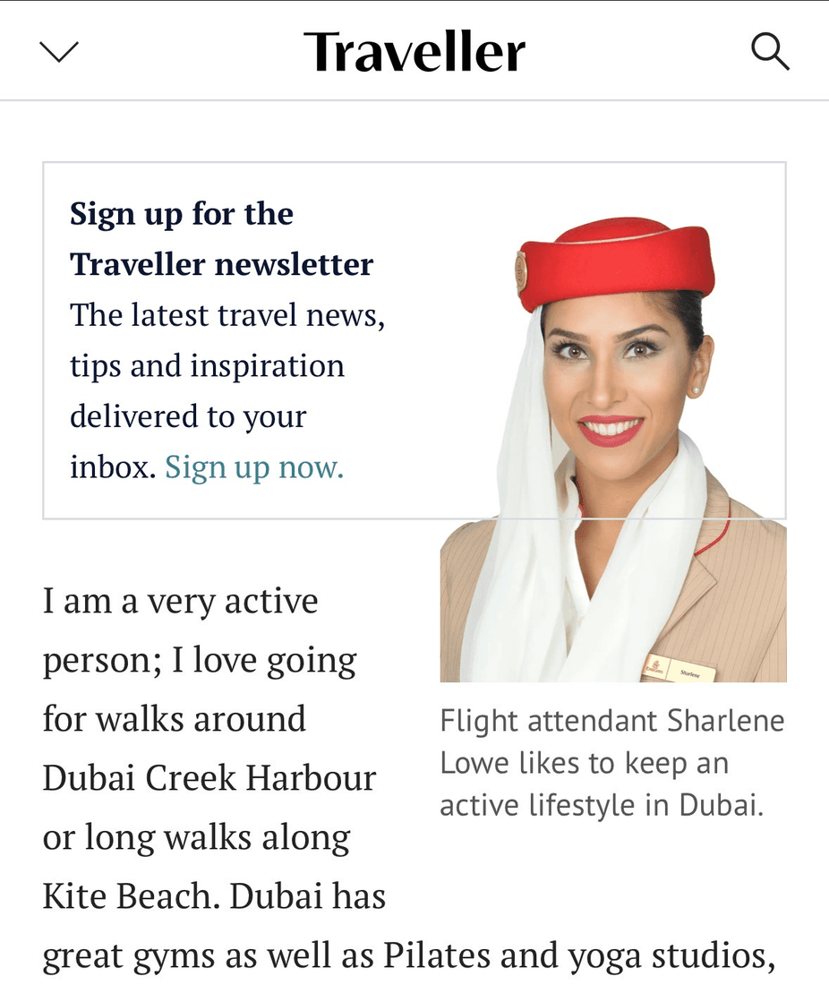 Sydney Morning Herald Traveller feature with Sharlene Lowe on life as Emirates cabin crew